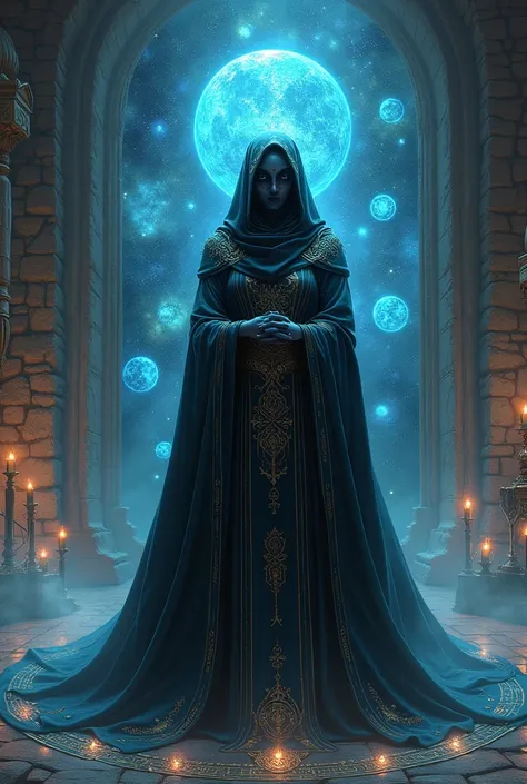 A female mage with a full mask in a long robe is in a stone room with astral features