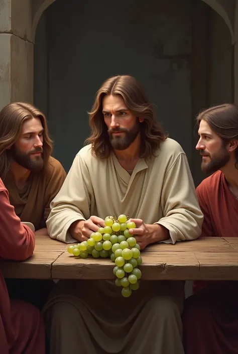 Jesus sitting at the table with his 2 apostles sharing a cluster