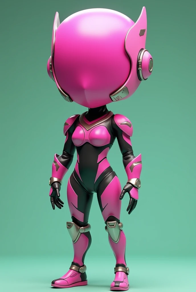 A female collectible chibi doll named Nyxal ,  shown completely from the front in a fixed pose.  His helmet completely covers his face at 100 %, forming part of his head .  His armor is bright matte pink on the chest , shoulders,  the upper part of the arm...