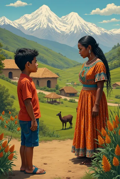  Believe me this scene in an image in the style of an Andean painting:
   * ernesto, a mixed-race boy ,  observes Justina , A young Indian girl,  while she works at the farm .