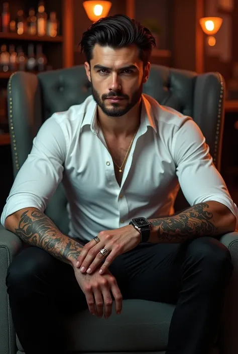 man.  black hair.  brown eyes. Tattoos.  white shirt.  sitting on an armchair.  club in the background . black pants. rings on the fingers. Black watch .