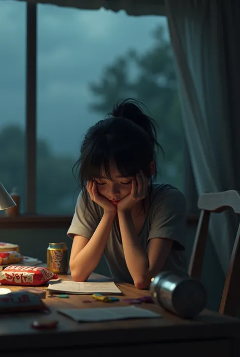  A 3D rendered scene of a young adult sitting at a disorganized table under dim lighting.  Junk food packages and an empty soda can are scattered , while the character seems exhausted ,  with her head resting on her hands .  The weather conveys fatigue and...