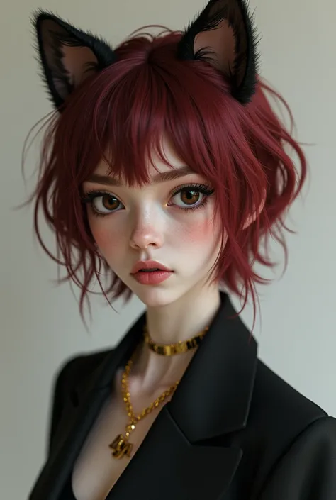 Short-medium size shaggy wine red hair,169 tall 53 kg extreme white skin with dark brown almond shaped slightly slanting eyes  (small size eye  ) with long dark eyebrows with beautiful lips and a girl named Liya . Draw me a cat ear and let me have a gold n...