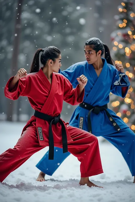  Martial Arts Uniforms. colors red, blue, white.  Combat Brand .  Taekwondo . karate. judo. Jujitsu . Latin people. Man and woman. Christmas background. No logos on the uniform. color gris. No embroidery on the uniform. Black and white martial arts uniform...