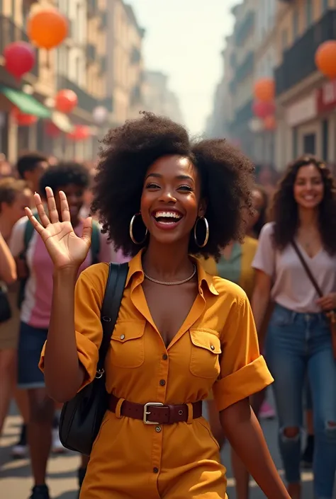 black woman smiling and waving to someone. She is standing in the crowd. I don’t want to see who she is waving to