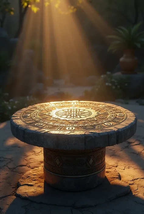 ((Foto RAW),  absurd, ( absurd resolution)),  masterpiece ,  best quality, ( Extremely detailed 8k unit CG wallpaper), ( best illustration), (best shade),  Realistic Lighting ,  detailed and beautiful shine , a round stone table with the symbols of the car...