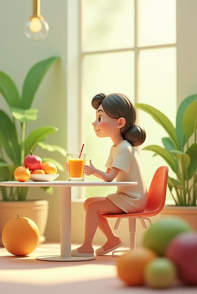  A transformative 3D scene where the same character sits at a clean and modern table, enjoying a healthy smoothie .  The lighting is bright and optimistic ,  with decorative greenery and a vibrant fruit bowl in the background 