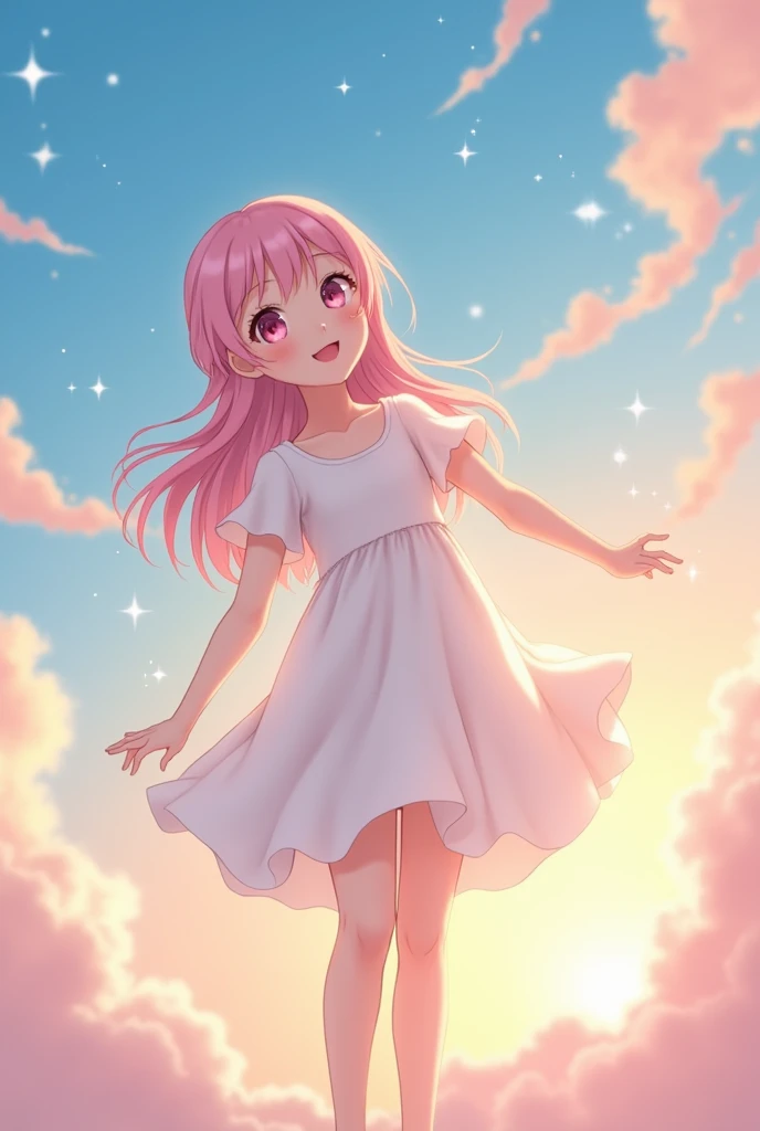 thin girl, long-haired, pastel pink fur, pastel pink eyes, smile, happiness, white nightgown, light skin, smooth skin, delicate, sky, sunset, sunset,  shooting stars (2d anime style)