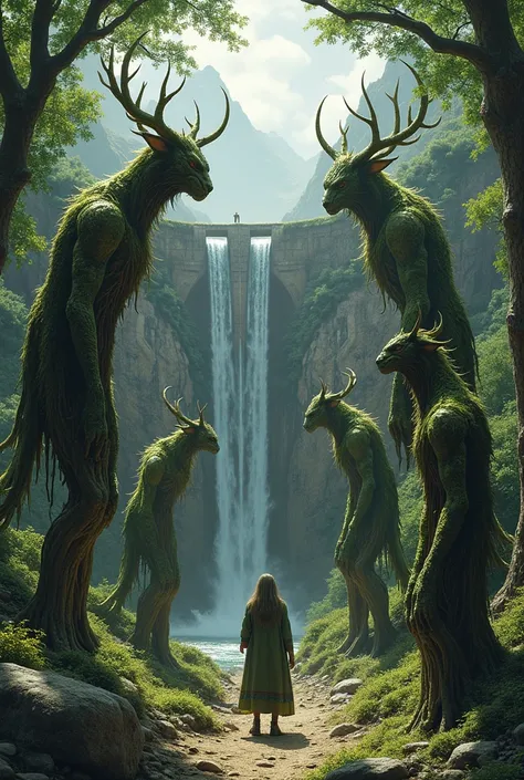 Illustration of 10 Ents surrounding the dam.