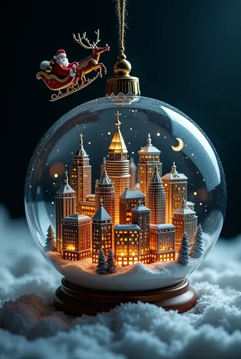 Perfect Sphere のビー玉の中， is a gorgeous metropolis at night made with elaborate miniatures､ Santa Claus on a sleigh drawn by a reindeer is flying through the sky ，Perfect Sphere ，  so pretty ，Pitch black space，  blurry background　