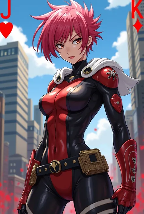 Create an image of Jack (card game )  only a female version with traits from the anime One Punch Man

