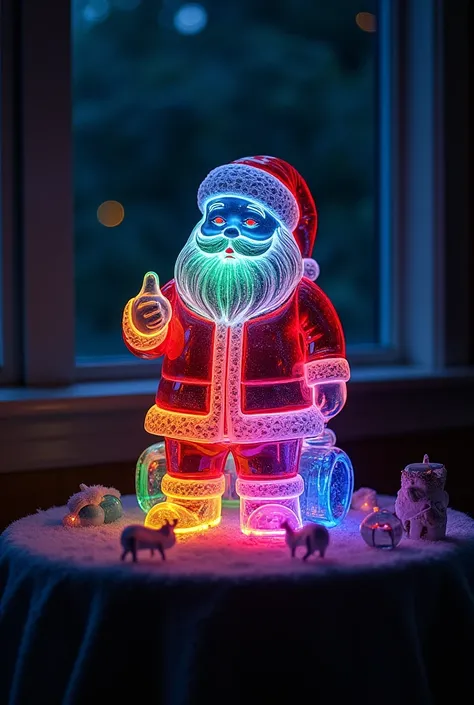 rainbow colerful glowing santa made from glass sitting on a table in a darkness room , lighting,