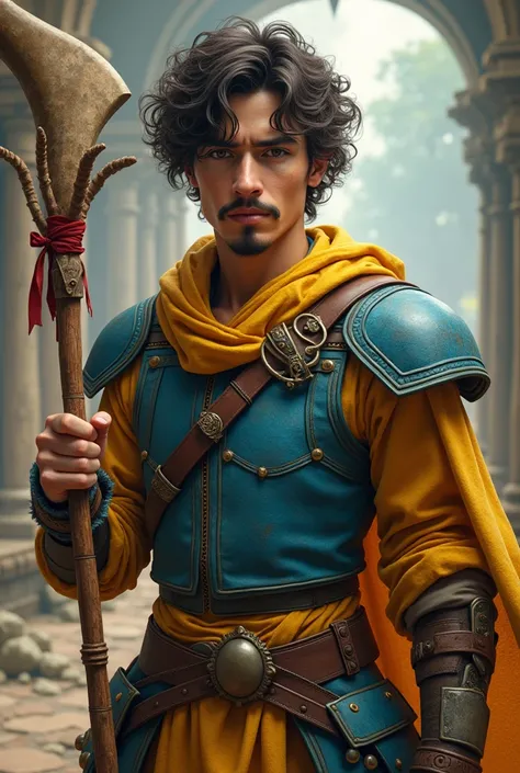 Adventurer RPG YOUNG MAN , brunette,  curly black hair ,  goatee and thin mustache ,  Maya blue armor with yellow features, In the hand a wooden magic wand ,  with a red ribbon , In the other hand, holding a bull horn  