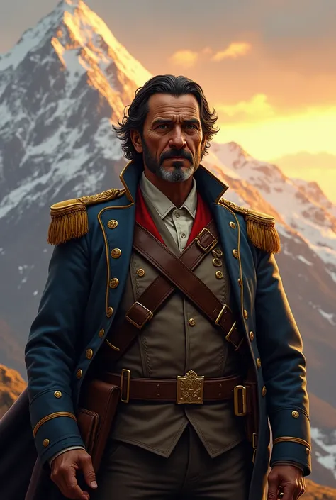 image of Simon Bolivar in the Andean mountains in his worn uniform with the sun peeking out of the horizon