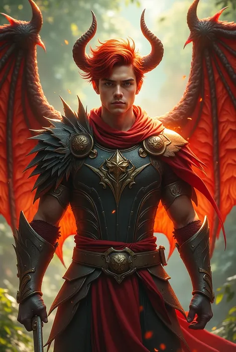  Create an image of a man with red hair and socially styled ,  eyes with flames and wearing armor with some details in red he has a youthful appearance at most 22 years of age. With the background being a forest .  His hair is very well combed and one with...