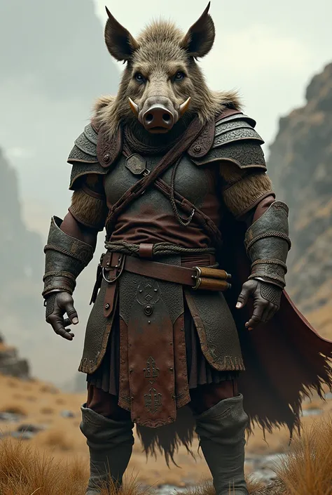 The helmet covers his entire head ,   as if he were literally wearing a boars head