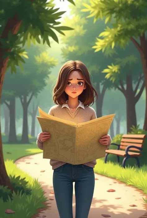 Generate a confused girl in a park reading a map