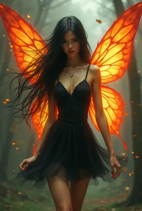 Create a fairy with fiery wings from long black hair, short dress