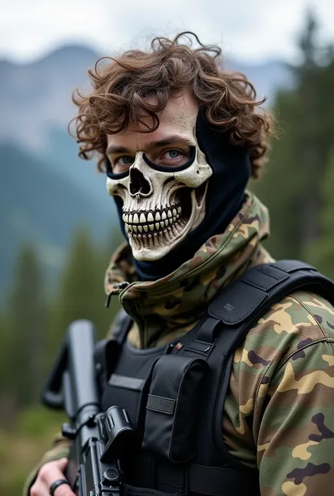  a white man,  brown hair , brown eyes,  with a military uniform camouflage flecktarn ,  black bulletproof vest ,  skull mask that reaches up to his nose, wearing an m4 ,  in a forest ,  with mountains in the background 