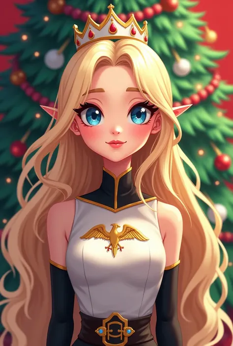 I want a Cartoon avatar in the style of ff
 feminine with long, light blond hair and with a half-crooked white crown on her head, radiant blue eyes ,  blouse with an eagle symbol , black on the sleeves and dark green and Christmas background with red and g...