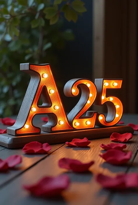  The image contains the three-dimensional number 2025 , nicely placed on a dark brown wooden table ,  next to which is the ornate wooden letter A , illuminated by beautiful lights ,  with red rose leaves spread around them. 