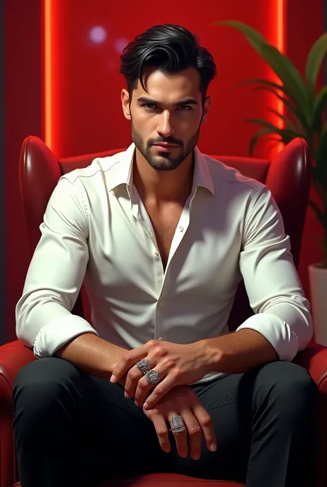 man.  short black hair . Gelled slightly backwards .  brown eyes.  white shirt. black pants.  sitting on an armchair. rings on the fingers.  Red club in the background. Blick haughtily.