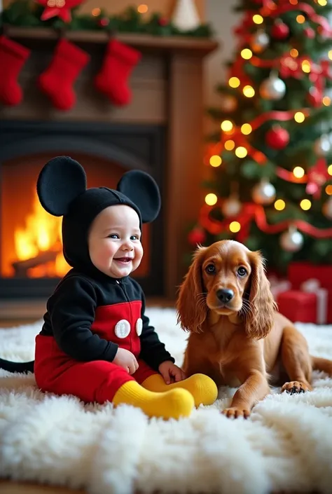 "Create a magical holiday scene with a baby dressed in an adorable Mickey Mouse costume, complete with oversized ears and a red and yellow outfit. The baby is happily giggling while playing with a playful Cocker Spaniel, both sitting on a soft white blanke...