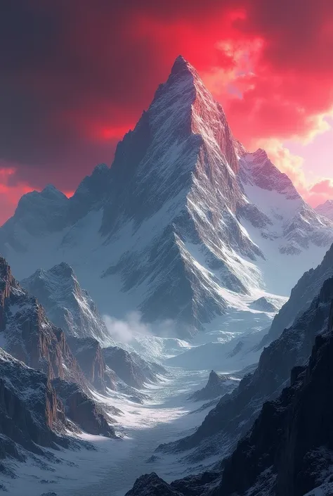 Wide mountains. The sky is dark red