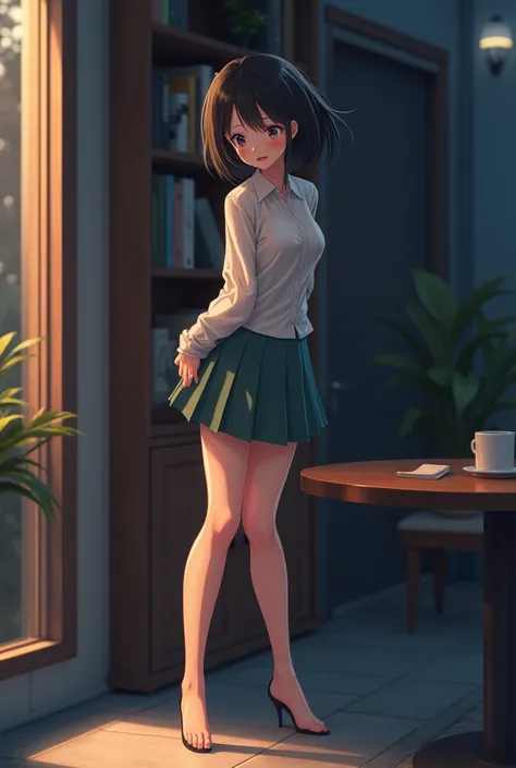 (A scene from an adult anime), (( pleated skirt , Round face,  Realistic Sized Eyes , Downcast eyes, , sweat,  Embarrassing Smile, Thin lips,  Legs slightly extended  )), (((Standing against the corner of a bookshelf,  orgasm))),  open her mouth , On the s...