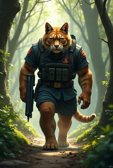 a great, Muscular cat dressed as a soldier and carrying a gun in his right hand is patrolling the forest