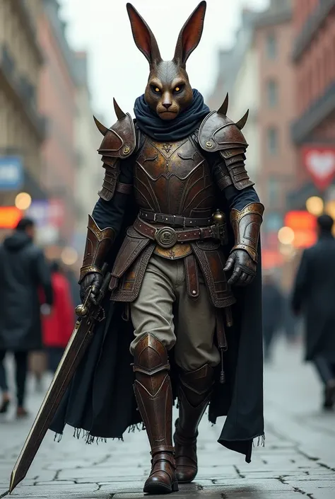 (Masterpiece) A man in antique armor and a rabbit head mask with a weapon walking down the street, costume warrior, weapon in hand, cyberpunk style color scheme, ((intricate details, super detailed)) 8K.