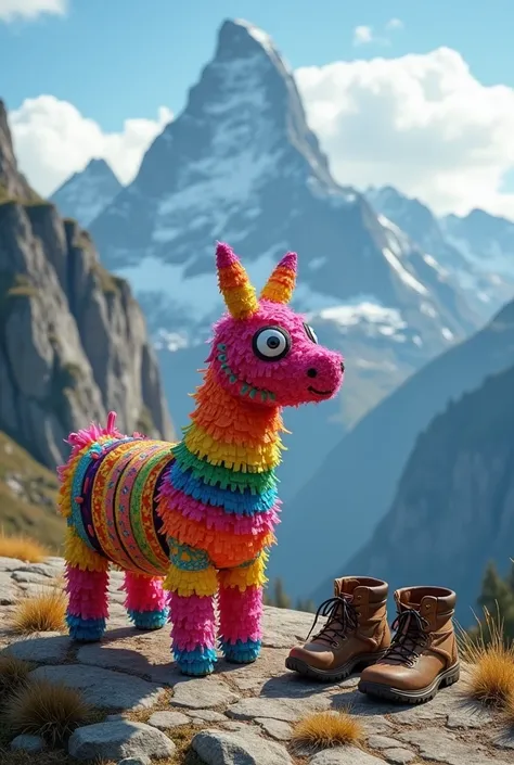 Pinata with hiking boots in the mountains