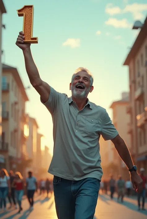 Man celebrating his departure from a place with the number 1 in his hand
