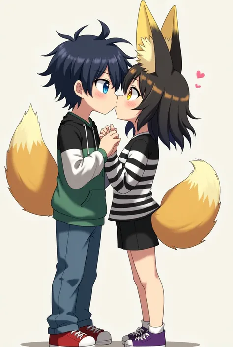  A young adult anime boy ,  black hair with blue threads,  Blue Eyes,  black and white striped shirt,  green sweatshirt,  jeans,  red and white shoes ,  kissing a young adult anime girl,  black hair with yellow threads, yellow eyes,  fox ears ,  black and ...