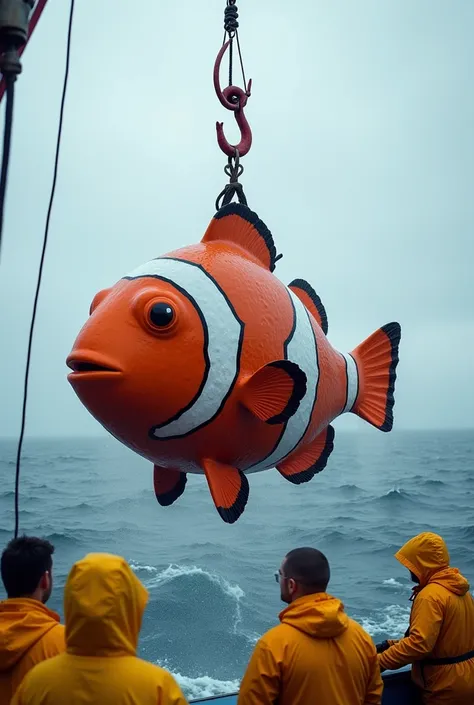 Make a giant clownfish 20 meters in size and it weighs 1000 kilos, it was caught by a fishing vessel  ,She is being suspended from the middle of the ship by a hook , it is being watched by the fishermen,They are on the high seas , everyone is wearing yello...