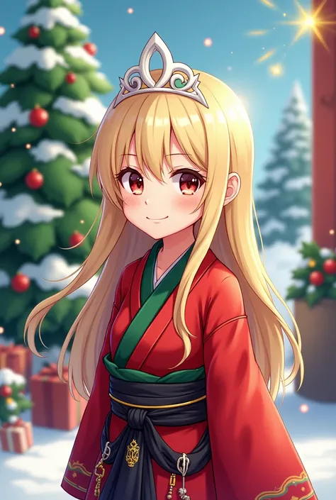  I want a girl in the Cartoon style ,  with long light blond hair ,  with a white crown on the head ,  bright radiant eyes , And scarlet samurai ,  green and black blouse with a master eagle symbol, and Christmas background with Christmas tree