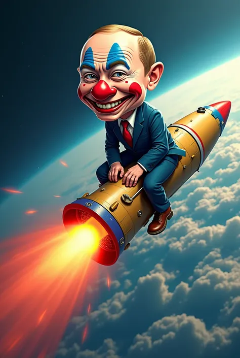 Putin wearing clown makeup mounted on a nuclear bomb that goes straight to planet Earth, In Cartoon style