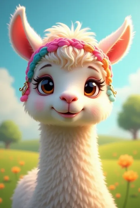 GENERATE A FEMALE LLAMA IN A VERY TENDER AND CHEERFUL WAY WITH A COLORED HEADBAND AND A STRIKING EARRING