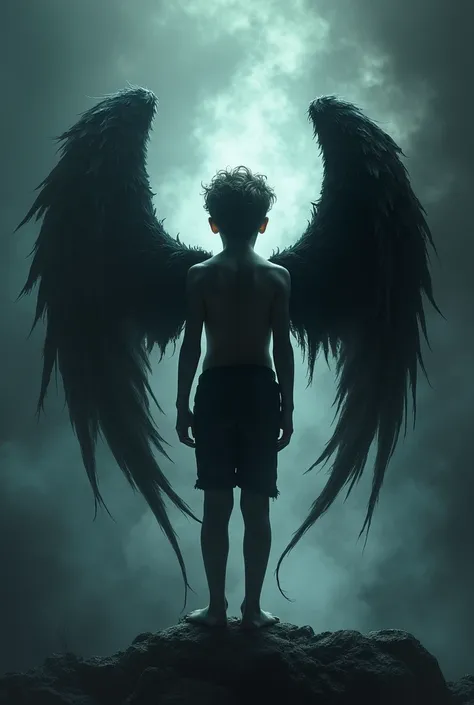  I want a book cover about a boy who is half angel and half demon,  in dark tones and that it is the most interesting thing to see a dark aura, That it is on its back with its wings divided that it is scary and a lot of intrigue 