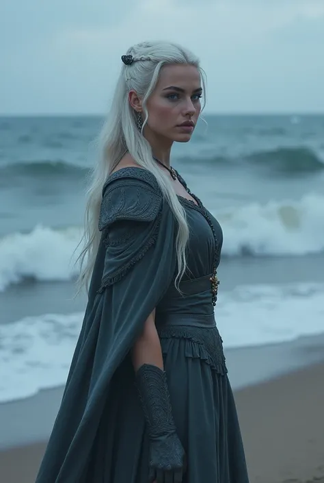 Fille de laenor velaryon, white hair and purple eyes, On the edge of the sea