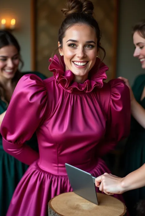 (realistic photograph sideways close up), (a happy willingly bend over beautiful Caucasian lady with (messy hair bun) and wearing (excessive shiny fuchsia silk dress with (long gigantic puff sleeves), (and with an ultra high tight stand-up collar up to her...