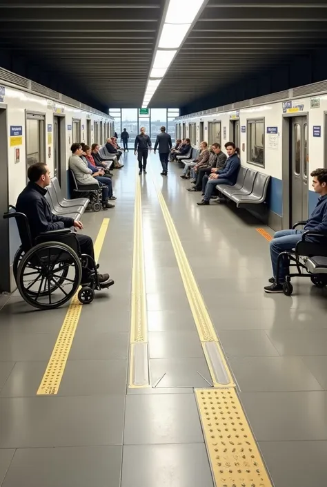 An inclusive train station designed for accessibility, featuring wide ramps, well-maintained elevators, tactile paths on the floor, Braille signage, clear audio and visual announcements, and priority seating. Passengers with mobility aids, such as wheelcha...