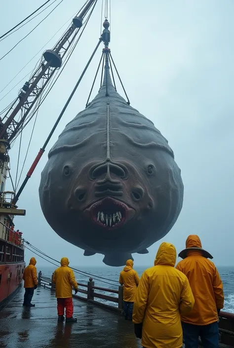 Make a giant puffer fish 20 meters in size and it weighs 1000 kilos, it was caught by a fishing vessel  ,She is being suspended from the middle of the ship by a hook , it is being watched by the fishermen,They are on the high seas , everyone is wearing yel...