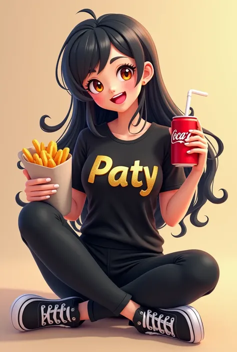  drinks black hair at half her back with a sweet smile and cheerful eyes with a black shirt with the name Paty on her chest in frosted shiny gold with black pants and black sports boots with her legs crossed a bag of chips in one hand and between her legs ...