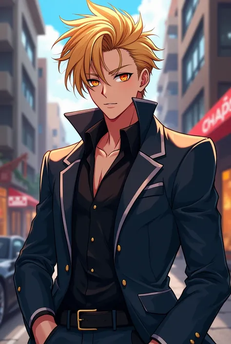 Create an anime character , handsome, man,  with blonde hair and orange eyes, man adulto 