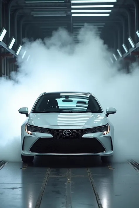 I want you to generate an image of a Toyota Corolla that is undergoing aerodynamic tests at a Toyota factory with the white smoke characteristic of these tests (I want the car to appear in the photo from the side ) 