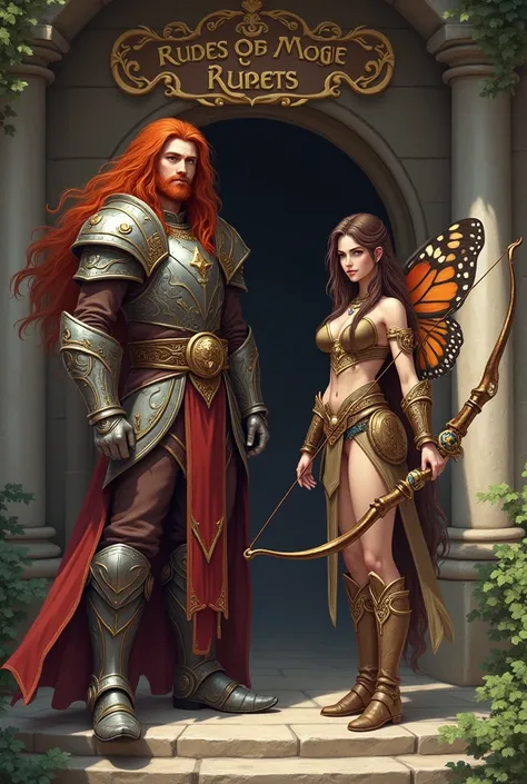 Realistic photo, 2 looking to the camera, a young Male wizard with Red Long hair in a heavy Fantasy Armor, a female Archer with brown Hair and a bow in her hands and butterfly costume, Standing in Front of a guildhouse, sign with "Runes of magic" over the ...