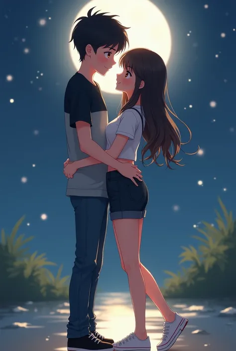 A friendly teenage boy from anime ,  black hair ,  brown eyes ,  gray and black shirt ,  jeans,  black and brown shoes ,  kissing a nice teenage girl from anime in a moonlight,  wavy hair ,  brown eyes  escuros, croped branco, Black short,  white shoes 