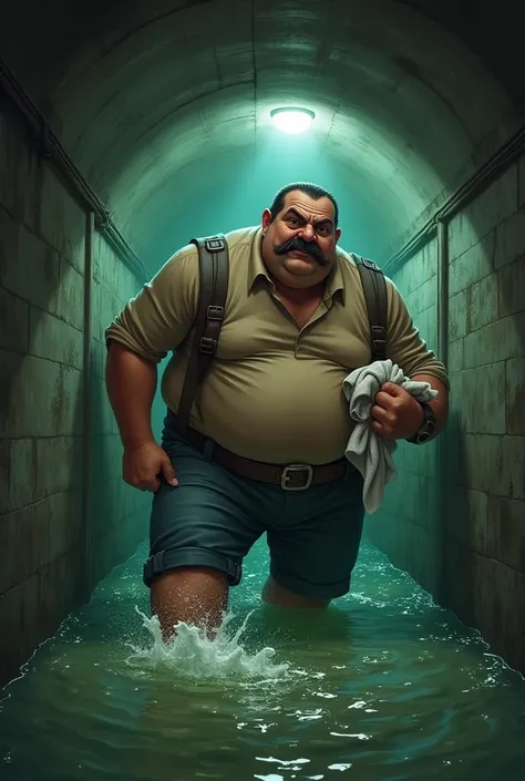 A fat turkish man walks trough the sewer with a towel in his hand. He is very angry, because his leg is stuck in the sewerwater