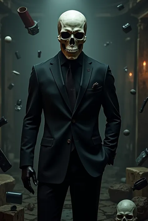 The best quality 8k , character in a black business suit with a glove,skull mask with different objects ,the character must look like a character from Moriartys YouTube channel 